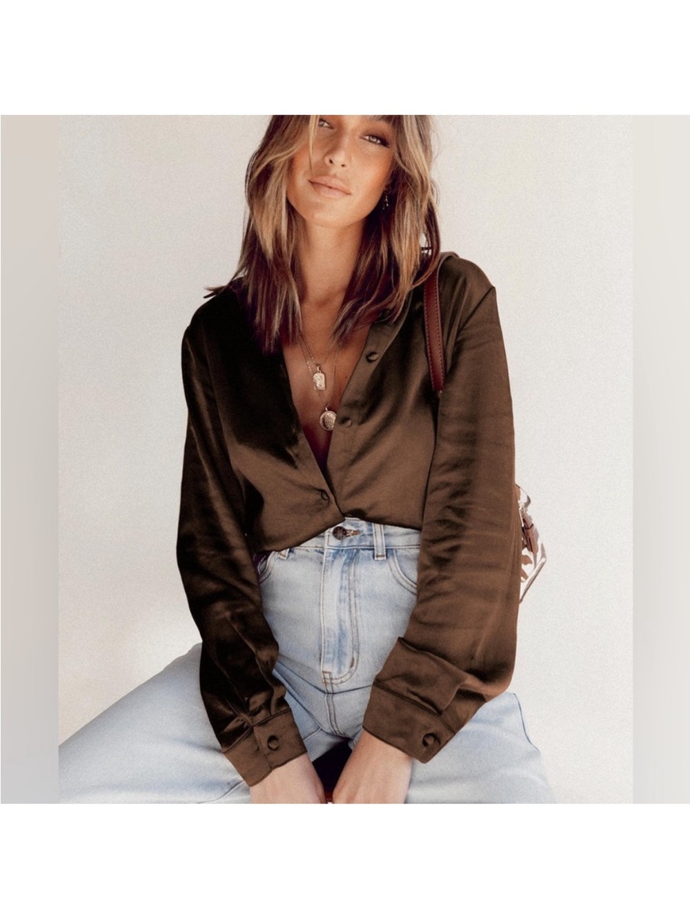 Princess Polly Satin Button-Up Top in Dark Brown